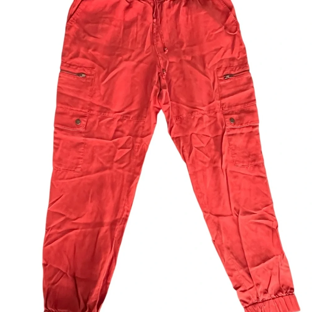 Light Olive Green and Red Relaxed Cargo Pants with Elastic Cuffs (2 pairs)